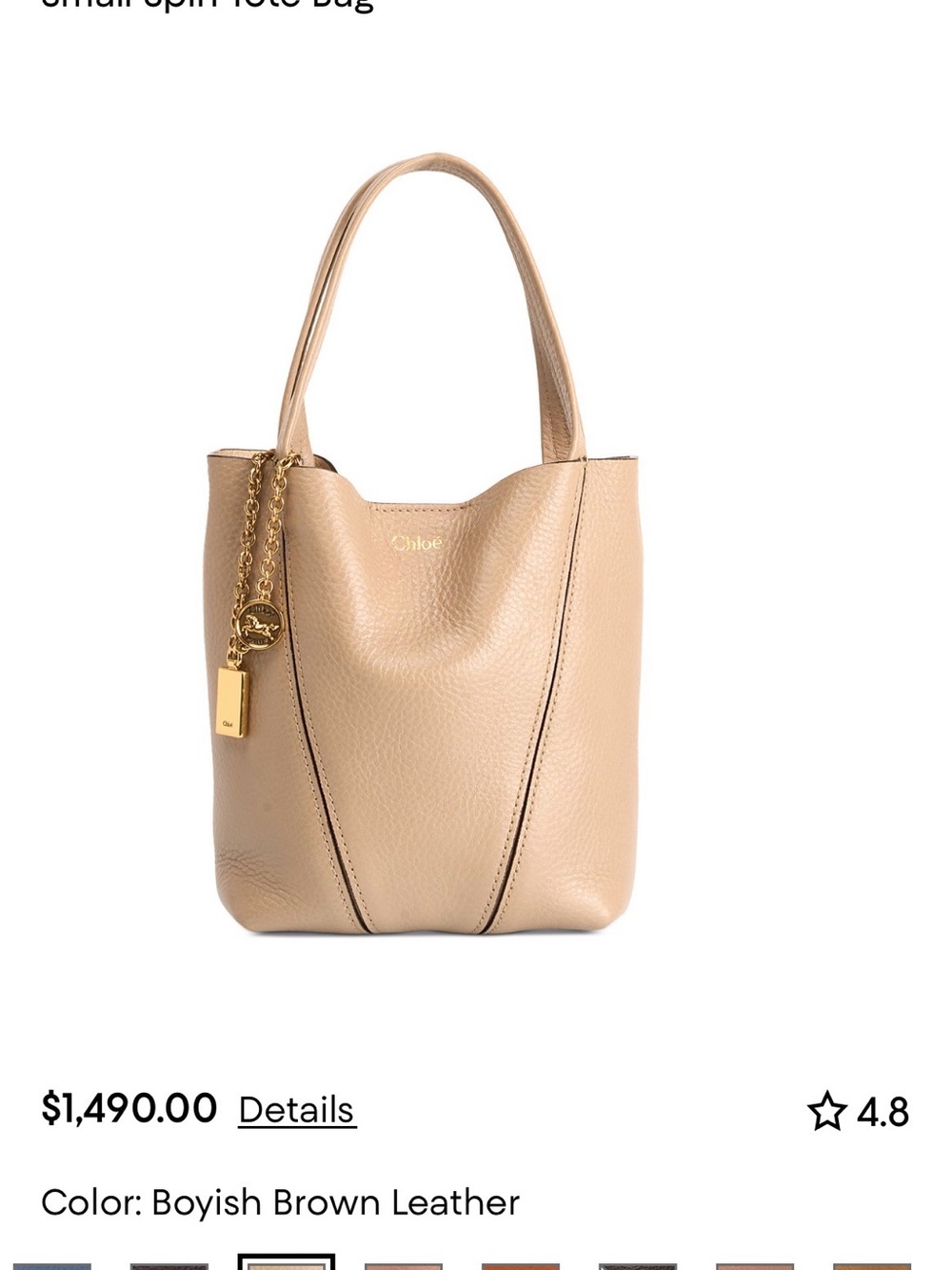 Chloé Leather Small spin Tote with Gold Charm, Beige/Tan Pebbled